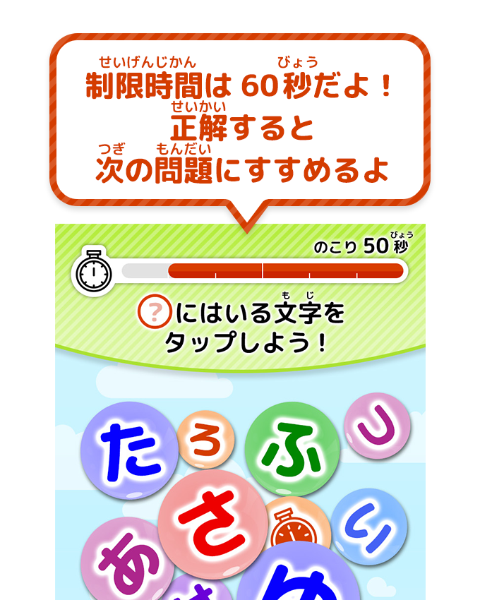 制限時間は60秒だよ！正解すると次の問題にすすめるよ