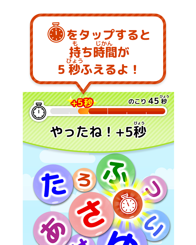 時計マークをタップすると持ち時間が5秒ふえるよ！