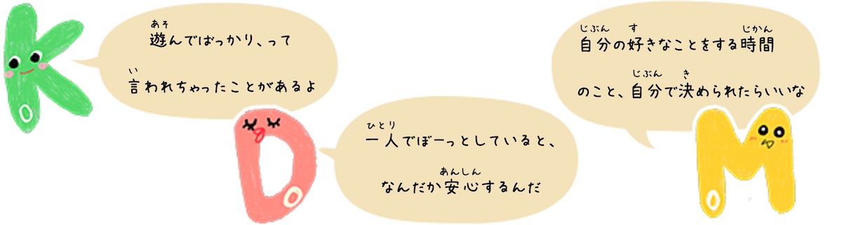 KoDoMoキャラクターのコメント　Ko「遊んでばっかり、って言われちゃったことがあるよ」Do「一人でぼーっとしていると、なんだか安心するんだ」Mo「自分の好きなことをする時間のこと、自分で決められたらいいな」