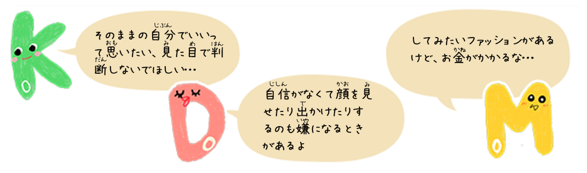 KoDoMoキャラクターのコメント　Ko「そのままの自分でいいって思いたい、見た目で判断しないでほしい…」Do「自信がなくて顔を見せたり出かけたりするのも嫌になるときがあるよ」Mo「してみたいファッションがあるけど、お金がかかるな… 」