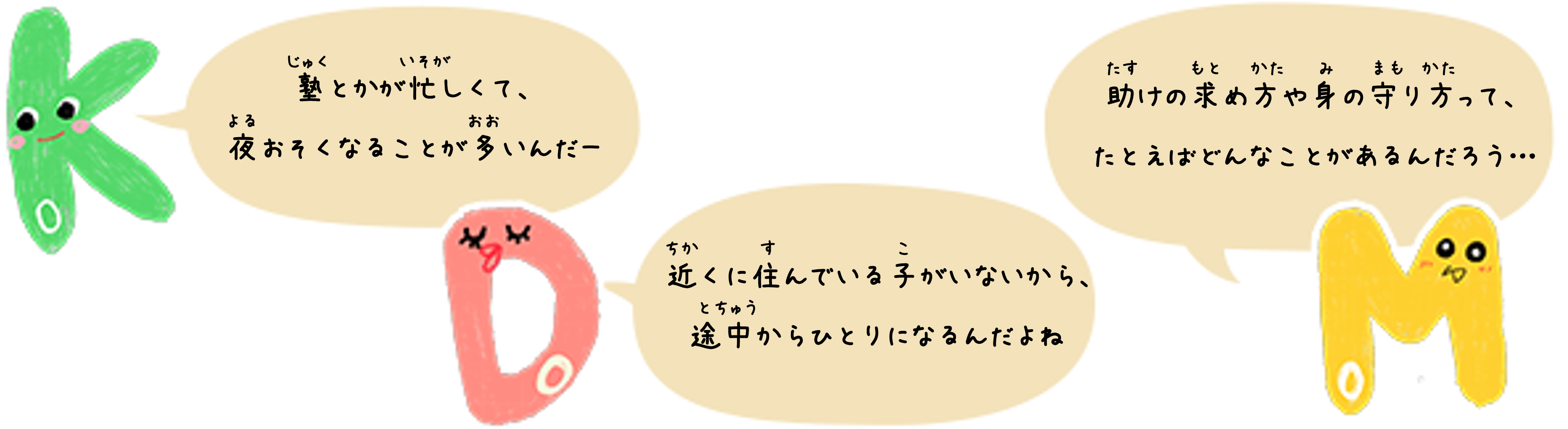 KoDoMoキャラクターのコメント　Ko「塾とかが忙しくて、夜おそくなることが多いんだー」Do「近くに住んでいる子がいないから、途中からひとりになるんだよね」Mo「助けの求め方や身の守り方って、たとえばどんなことがあるんだろう…」